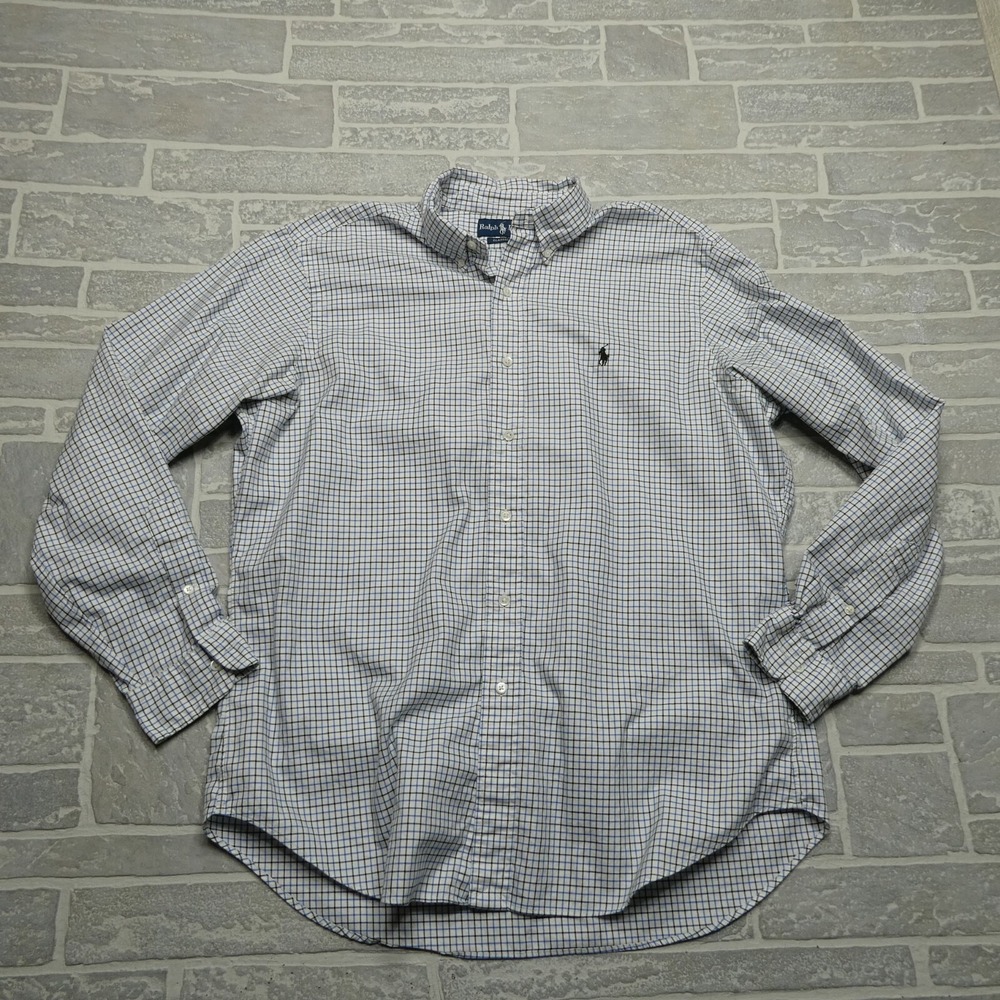 Ralph Lauren Shirt Adult Large Blue White Check Classic Fit Black Pony Cotton